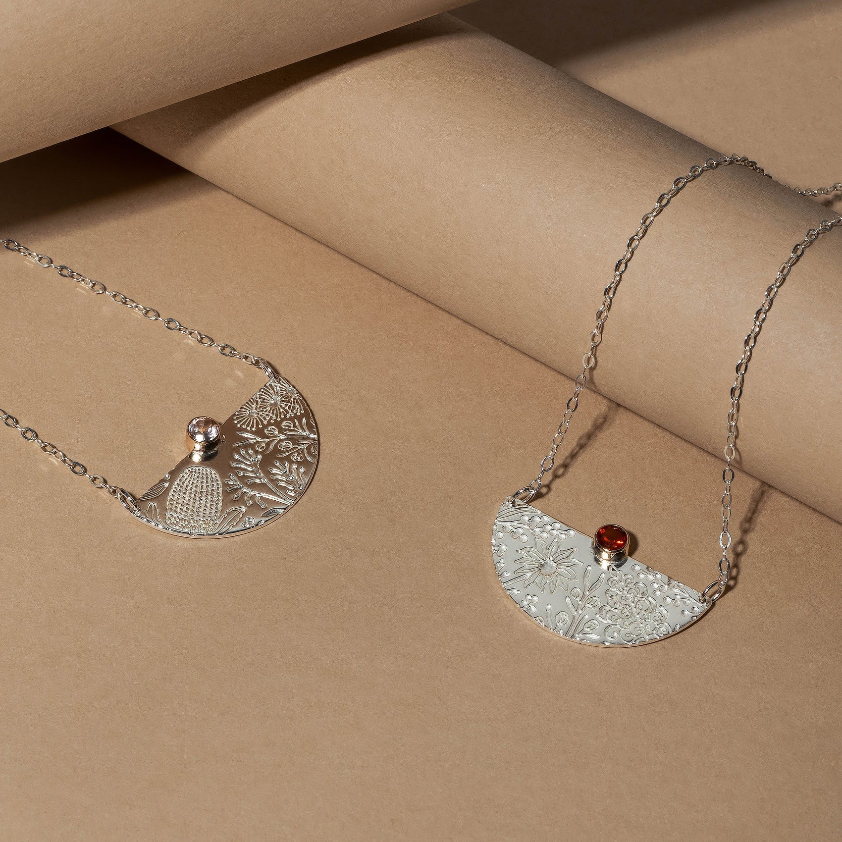 Australian Flora Half Pattern & Fire Opal Necklace - Simone Walsh Jewellery Australia