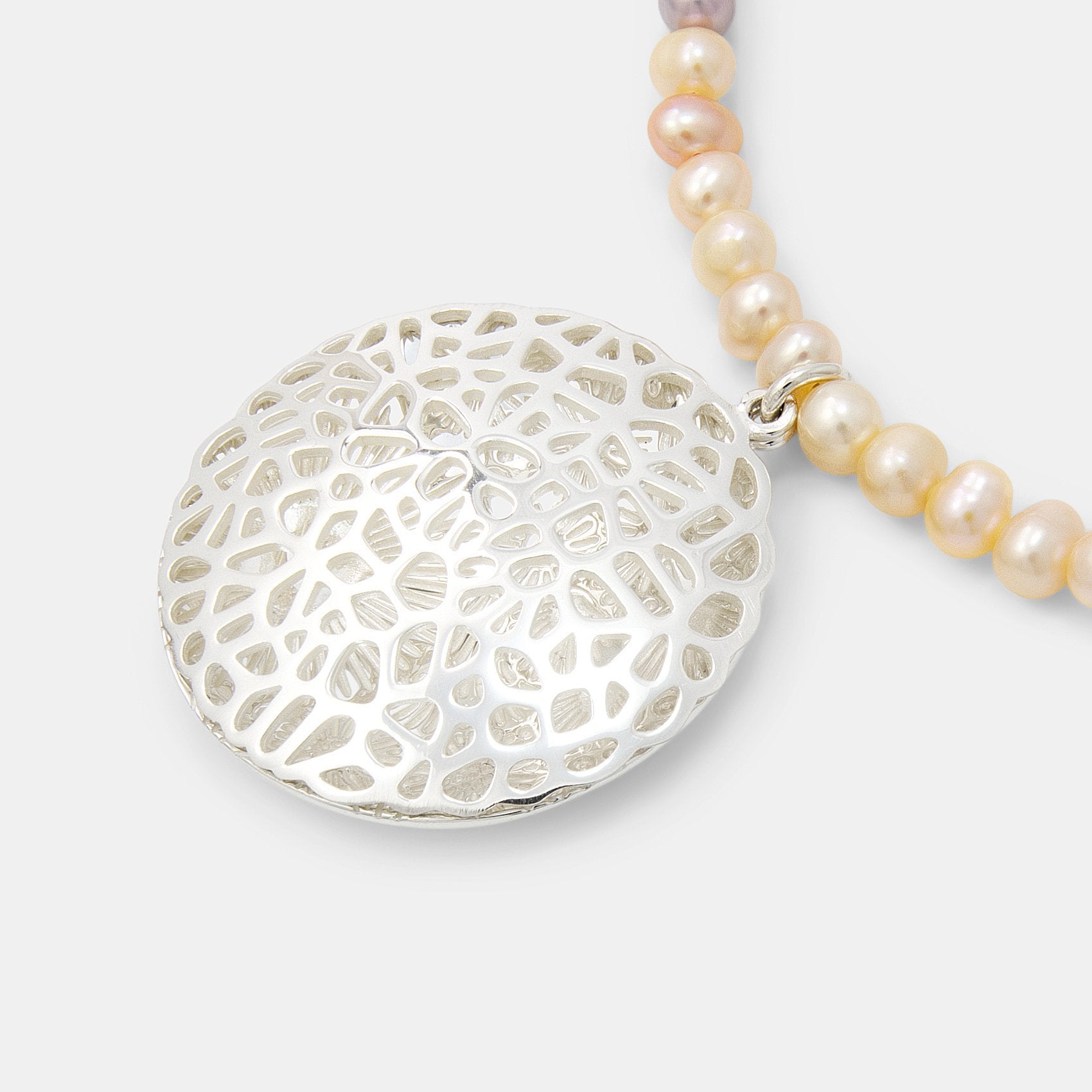 Coral reef open locket on peach pearl necklace - Simone Walsh Jewellery Australia