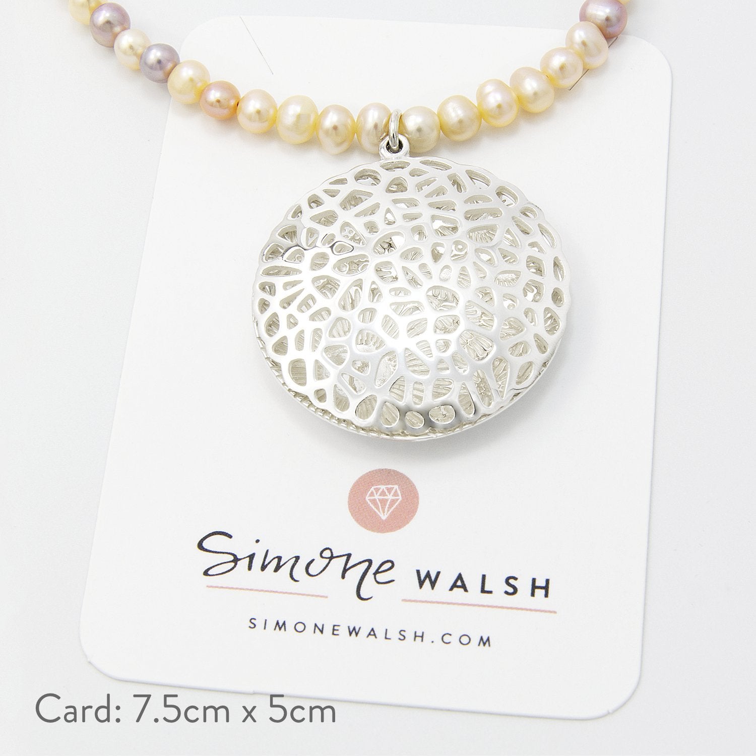 Coral reef open locket on peach pearl necklace - Simone Walsh Jewellery Australia