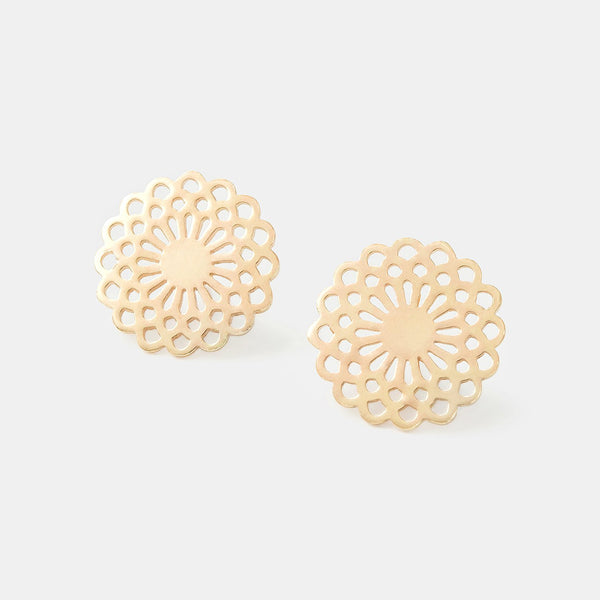 Solid gold stud earrings with a dahlia flower design.