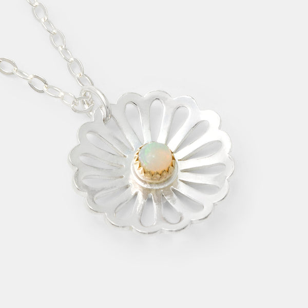 Daisy and opal gemstone necklace in sterling silver and solid gold by Australian jewellery designer Simone Walsh.