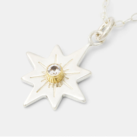 Guiding star pendant in sterling silver, gold and white sapphire by Australian jewellery designer Simone Walsh.