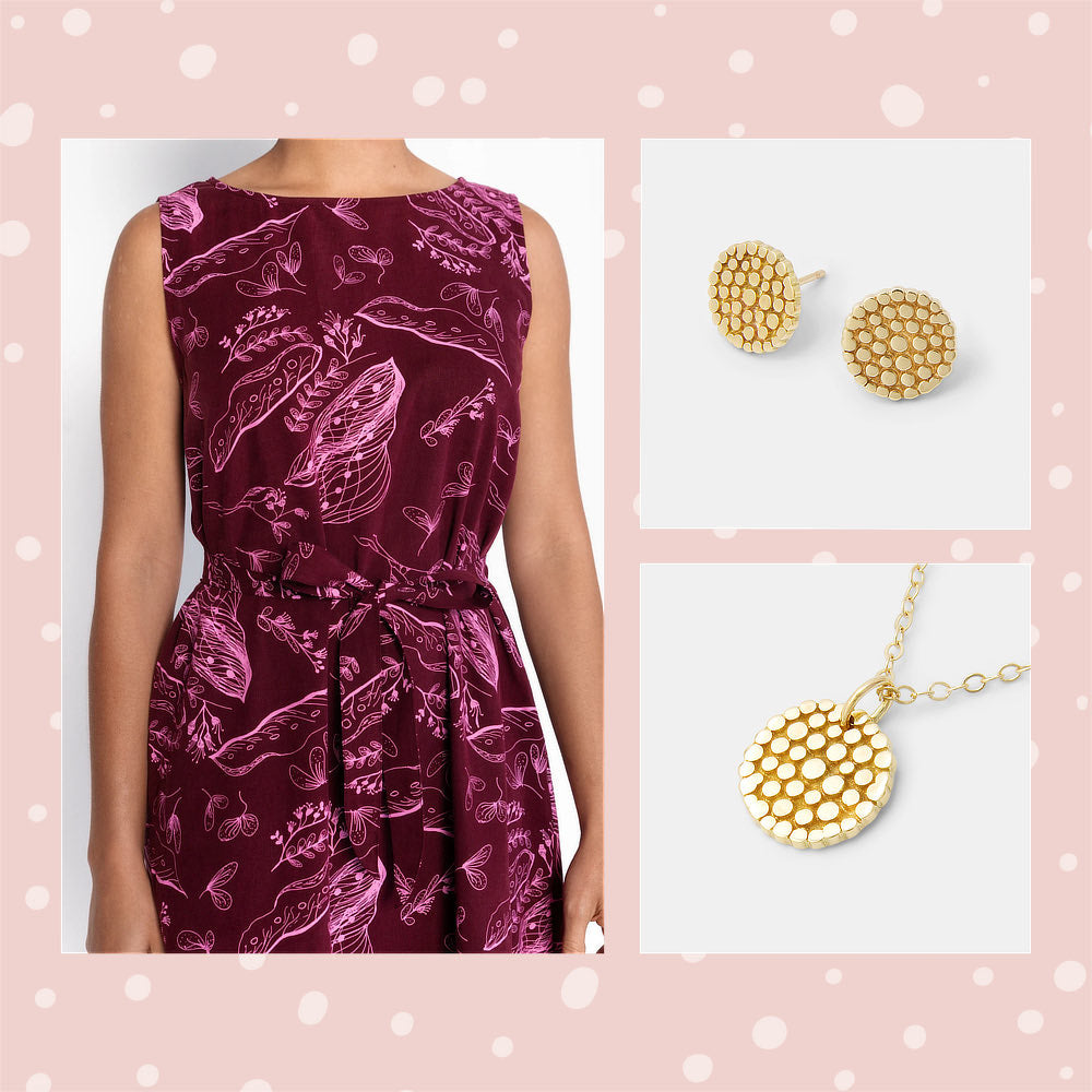 Magpie Goose Joomoo Tree Midi Dress with wattle jewellery in solid gold