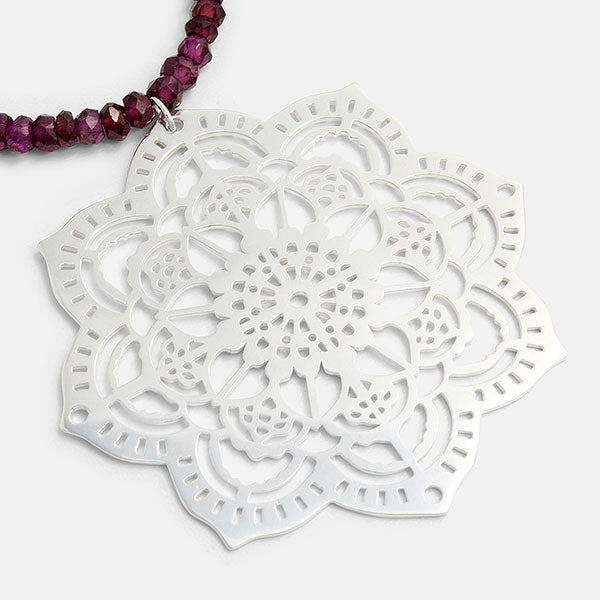 Mehndi mandala pendant with rose garnet beaded necklace by Australian jeweller Simone Walsh.