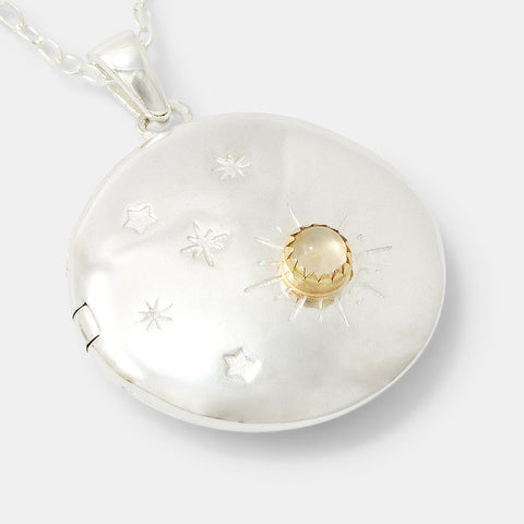 Moon and back locket necklace in sterling silver and gold