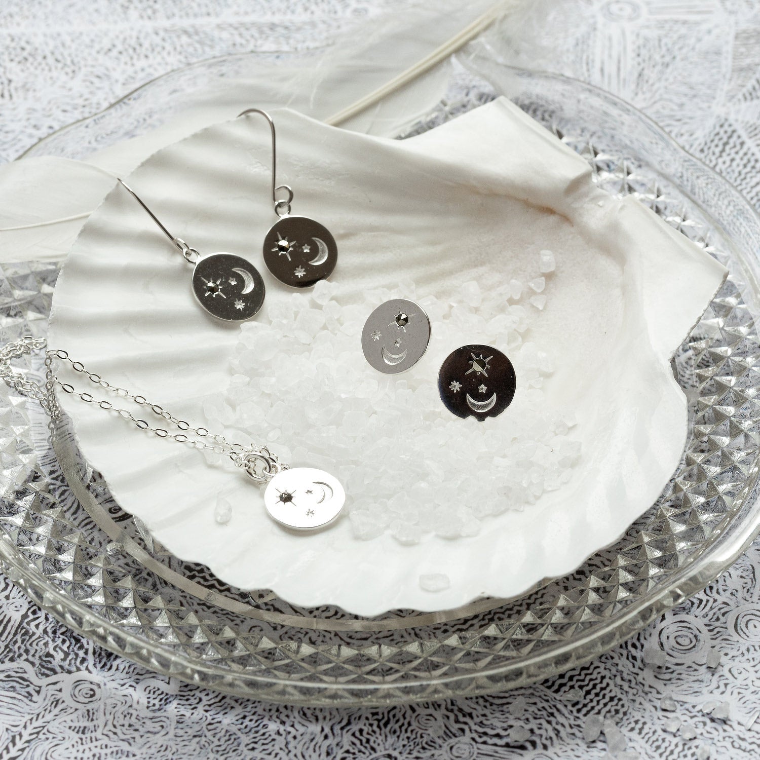 Moon & stars amulet silver drop earrings - Simone Walsh Jewellery Australia