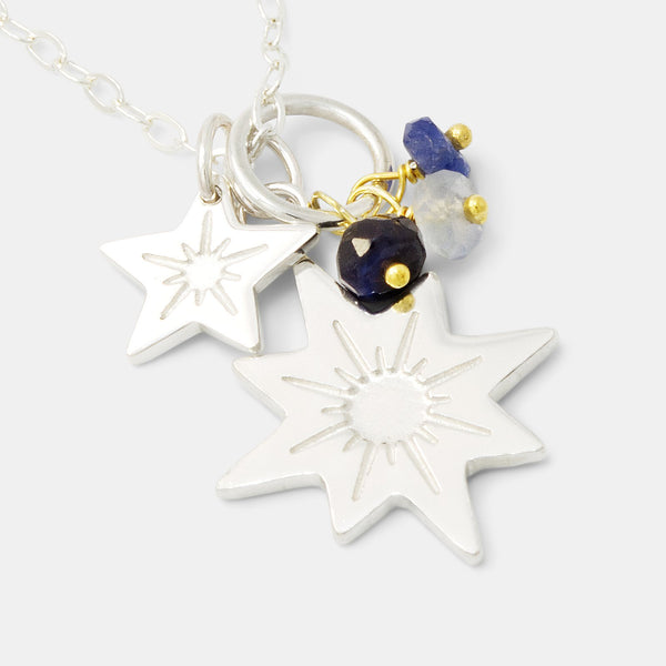 Necklace with pendant: stars and sapphires cluster necklace.