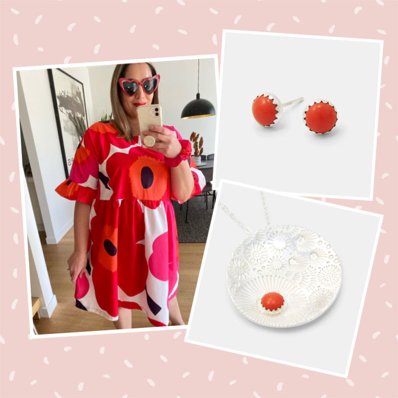 Marimekko smock with Australian jewellery with ethical coral gemstones