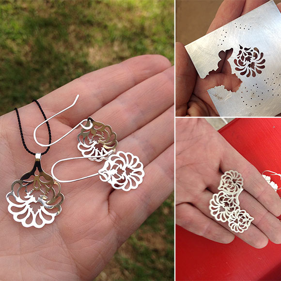 Photographs showing the sawing process, pre-tumbled silver and finished designs.