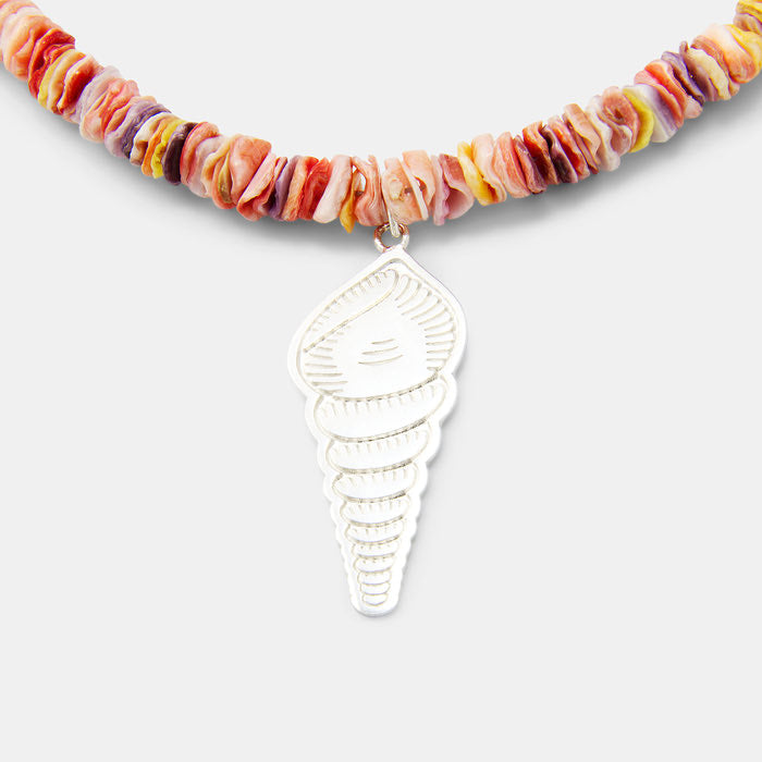 Spiral shell silver pendant on scallop shell beaded necklace