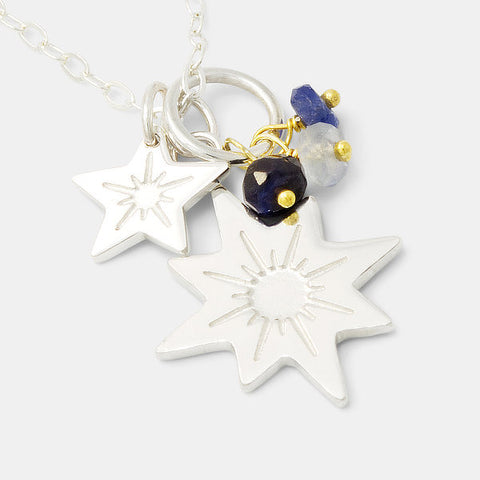 Stars and sapphires cluster necklace in sterling silver.